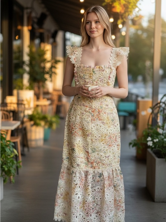 Petal & Pup Dresses & Skirts - Petal & Pup Cream Floral Eyelet Maxi Dress with Lace Straps